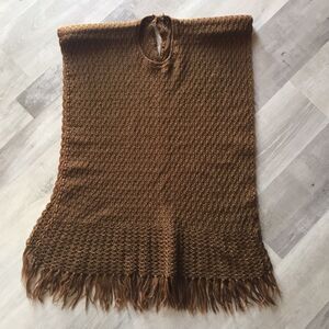 Handmade OS Crochet Boho Knit Brown Keyhole Back Poncho Fringe Hippie Festival